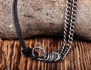 JN246 Negro Cuero Genuino y Aleación Sólida Cadena de Metal Collar Largo Para Hombre Roca - Imagen 1 de 7