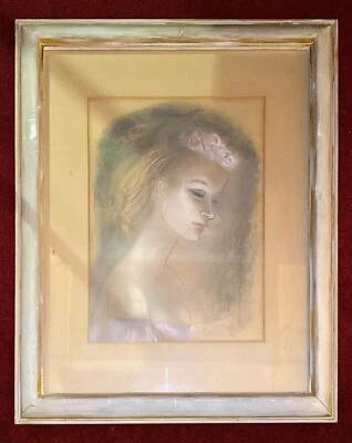 GEORGIA CARROLL Michigan Artist Framed Pastel Bust of Ballet Dancer Floral Tiara Foto 1 de 4