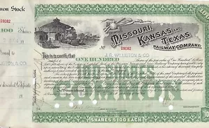 MISSOURI KANSAS & TEXAS RAILWAY COMPANY 1900 COMÚN 100 ACCIONES certificado de acciones - Imagen 1 de 2