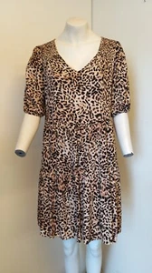Beige & Black Animal Print Dress Tiered Short Sleeve V Neck - Size 14 - NEW - Picture 1 of 4