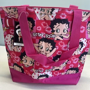 Betty Boop Nylon Reißverschluss Beuteltasche Schultertasche 17”B x 14”H rot rosa Küsse Herzen Neu mit Etikett - Bild 1 von 24