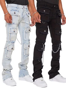 Pantaloni denim uomo slim fit biker con decorazione catena casual street style - Foto 1 di 10