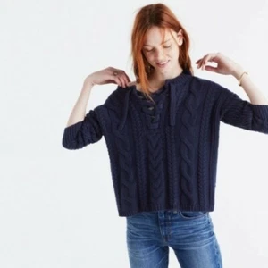 Madewell Merino Wool Blend Lace-Up Pullover Cable Knit Sweater Size Extra Small - Picture 1 of 7
