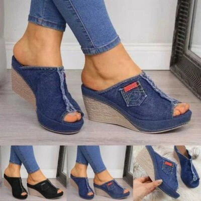 Womens Espadrilles Wedge Mules Sandals Cowboy Slippers High Heels Shoes Slip On - Image 1 of 4