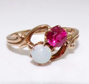 Vtg Toi Et Moi 10K Yellow Gold Natural Opal & Red Ruby Ring Size 6.75 FZZ - Picture 1 of 4