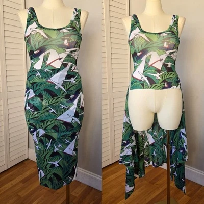 Tropical Green Bird Print Asymmetrical Bodycon Dress Size L Jungle Resort Summer - Image 1 of 4