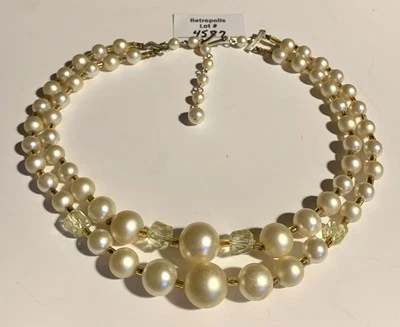 Double Strand Faux Pearl Bead Choker Statement Necklace Vintage - Image 1 of 4