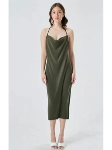 Sincerely Jules Olive Green Draped Neck Spaghetti Strap Slip Dress Size Large - Picture 1 of 10