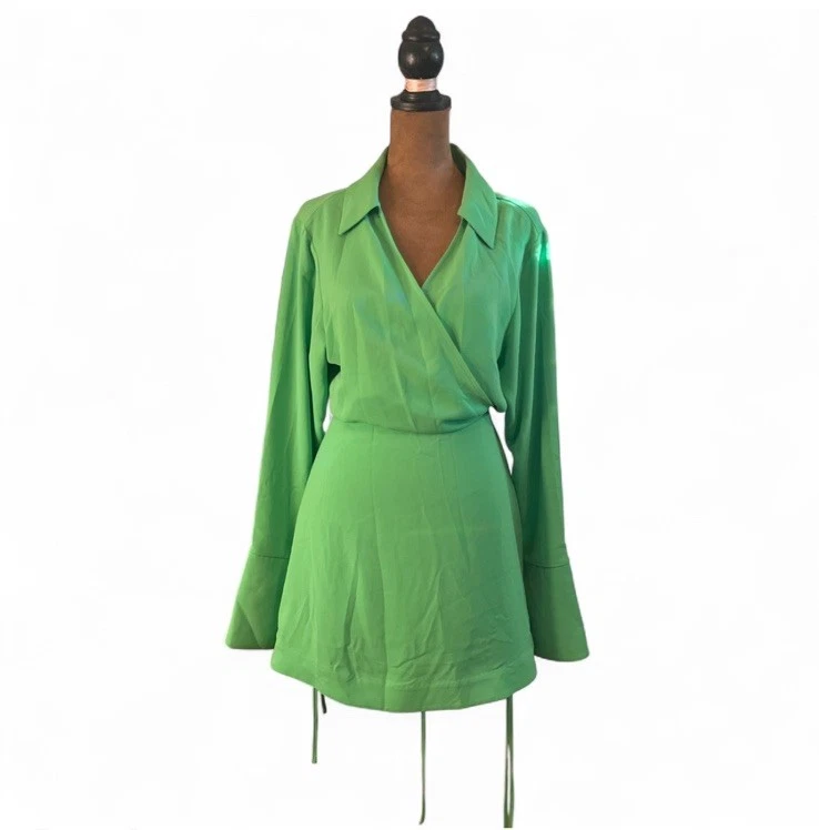 Neon Green Wrap Dress Women’s Size M V Neck Long Sleeve - Image 1 of 4