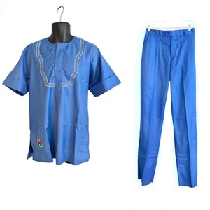 African Nigerian Senator Style Blue Top & Bottom Two Piece Outfit #1 - Picture 1 of 10