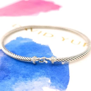 David Yurman 3mm Classic Cable Sterling Silver Diamond Buckle 6.5 inch Bracelet - Picture 1 of 8