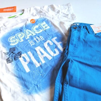Gymboree Niños 7 "Rayas y Espacio" Nave Espacial Brillo Camiseta Azul Denim Pantalones Cortos Conjunto Nuevo con Etiquetas Foto 1 de 4