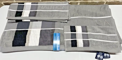 4~Pc Set Nautica Fiddler Revman Bath & Hand Towels & Face cloth Gray/Blk NWT - Image 1 of 4