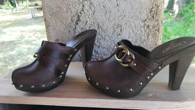 COSMO sabots talon cuir marron cloutés chocolat T 38 parfait état  - Photo 1/4
