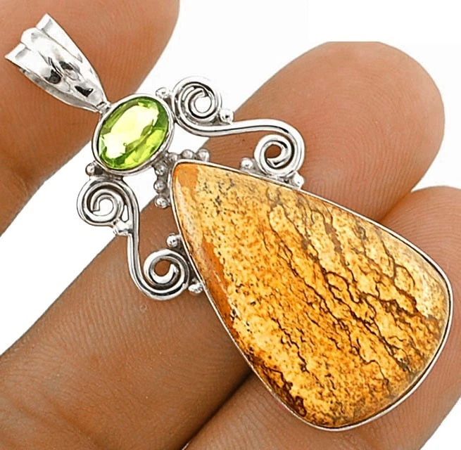 Natural American Picture Jasper & Peridot 925 Sterling Silver Pendant  - Image 1 of 1
