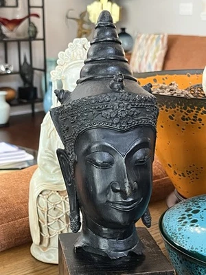 13.5" ANTIGUO BRONCE CABEZA DE BUDA TAILANDÉS soporte de madera antiguo Foto 1 de 4