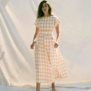 Christy Dawn The Jane Leinenmischung Midikleid zitronenfarben kariert Größe L - Bild 1 von 12
