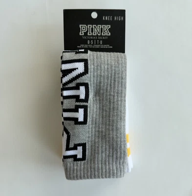 2 PARES CALCETINES HASTA LA RODILLA VICTORIA'S SECRET ROSA LOGO CREW GRIS BLANCO AMARILLO NUEVOS Foto 1 de 4