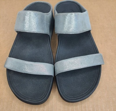Sandalias Fitflop Mujer 9 Lulu Gamuza Brillante Negro Gris Cómodas Zapatos de Cuña Deslizables  Foto 1 de 4