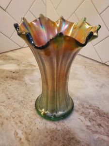 Northwood Iridescent Carnival Glass Swung Stretched Vase Green And Gold - Picture 1 of 10