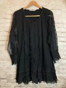 Pretty Angel Top Womens XL Black Whimsigoth Lace Dark Romantic Linen Artsy Lace - Picture 1 of 16
