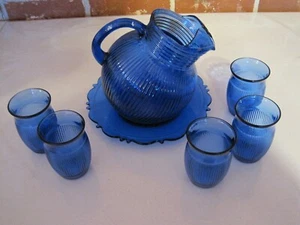 HAZEL ATLAS RIBBED COBALT BLUE TILT PITCHER, 5 JUICE GLASSES & PLATE - Picture 1 of 12