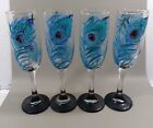 SET OF 4 HANDPAINTED CHAMPAGNE GLASSES PEACOCK FEATHER  GORGEOUS!
