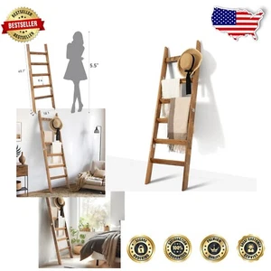 Farmhouse 6-Tier Blanket Ladder with Hooks for Rustic Living Room Decor - Picture 1 of 8