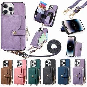 For iPhone 16 Pro Max 15 Plus 11 7 Zipper Wallet Phone Case With Crossbody Strap - Picture 1 of 83
