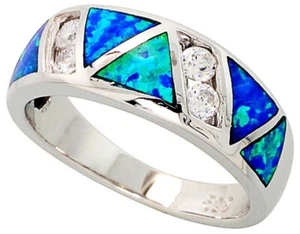 Fine Women Sterling Silver Rhodium Plated Opal Inlay Band CZ stone Accents 8mm - Picture 1 of 1