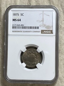 1875 5C NGC MS64 Shield Nickel Near Gem Tougher Date Attractive Type Coin - Picture 1 of 8