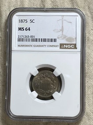 1875 5C NGC MS64 Shield Nickel Near Gem Tougher Date Attractive Type Coin - Image 1 of 4