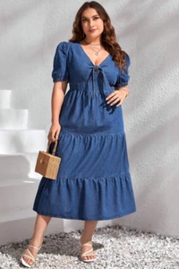 SHEIN Frenchy Plus Puff Sleeve Knot Front Ruffle Hem Denim Dress Size 4XL (24) - Picture 1 of 16