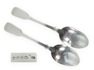 Antique Victorian 1863 Pair of Sterling Silver Dessert Spoons Fiddle Back Adams - Picture 1 of 8