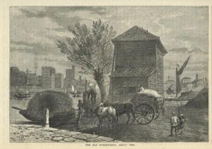 Stampa Antica 1880 LONDON HORSEFERRY Traghetto per Cavalli Londra Old Print - Picture 1 of 1