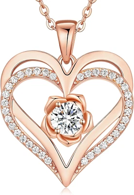 Collana Donna Argento 925 Collana in Cuore, Pietra Di Nascita Rosé Fiore Collana - Immagine 1 di 4