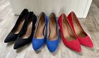 Beautiful Set Of Retro Vintage Faux Velvet Red Blue Black Mini Heels x 3 Size 5