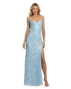 Mac Duggal Sequin Gown Slit Lace Up Open Back Size M Ice Blue - Picture 1 of 8
