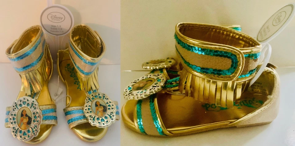 Disney Store Pocahontas Girls Sandals Dress Up Gold Fringe Shoes Size 7/8 NWT - Image 1 of 4