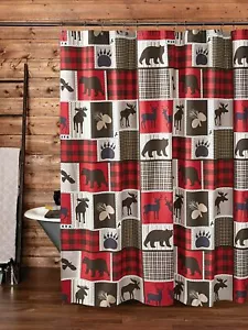 WILDLIFE LODGE LIFE 72" SHOWER CURTAIN HOOKS BLACK BEAR MOOSE RED BUFFALO CHECK - Picture 1 of 2
