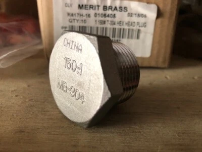 Merit Brass 1" 150# Threaded (NPT) Hex Head Plug 304 Stainless Steel - Image 1 of 2
