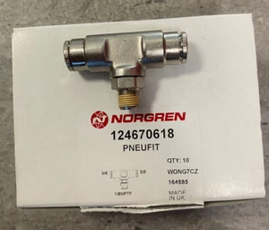 NEW NORGREN PUSH-TO-CONNECT TEE T FITTING PNEUFIT 124670618 1/8 NPT F 3/8" Tube - Picture 1 of 6