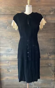 Vintage 40’s black velvet dress art deco evening eyelet lace trim - Picture 1 of 10