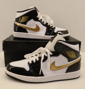 Nike Air Jordan 1 Mid Patent Schwarz Weiß Gold 852542-007 Herren 9,5 #15 - Bild 1 von 17