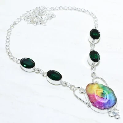 Collana In Argento Con Tsavorite E Druzy Di Quarzo Solare Rainbow 18" NRJ15032 - Immagine 1 di 2