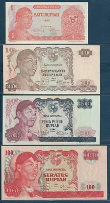 Indonesia 1 10 50 100 Rupiah 4Pcs Lot, 1968, P 102 105 107 108, AU-UNC(1Rp)/ UNC - Image 1 of 2