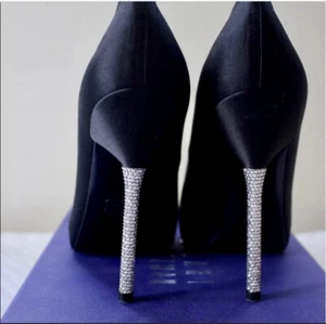 Stuart Weitzman Black Satin Stilettos ￼Size 6.5 MW25301 Rhinestone Chrystal Heel - Picture 1 of 8