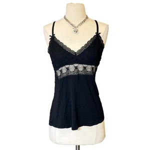 Y2K Babydoll Negro Cami Top Encaje Peekaboo Arcos Caprichoso Lolita Verano De Colección M - Imagen 1 de 12