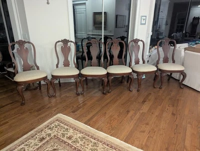 6 sillas laterales Ethan Allen Queen Anne asientos a rayas azul caoba estado impecable Foto 1 de 4