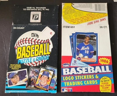 Zwei leere Baseballboxen (1985 Donruss Wax 1986 Fleer Cello) EX/EX + Dwight Gooden - Bild 1 von 4